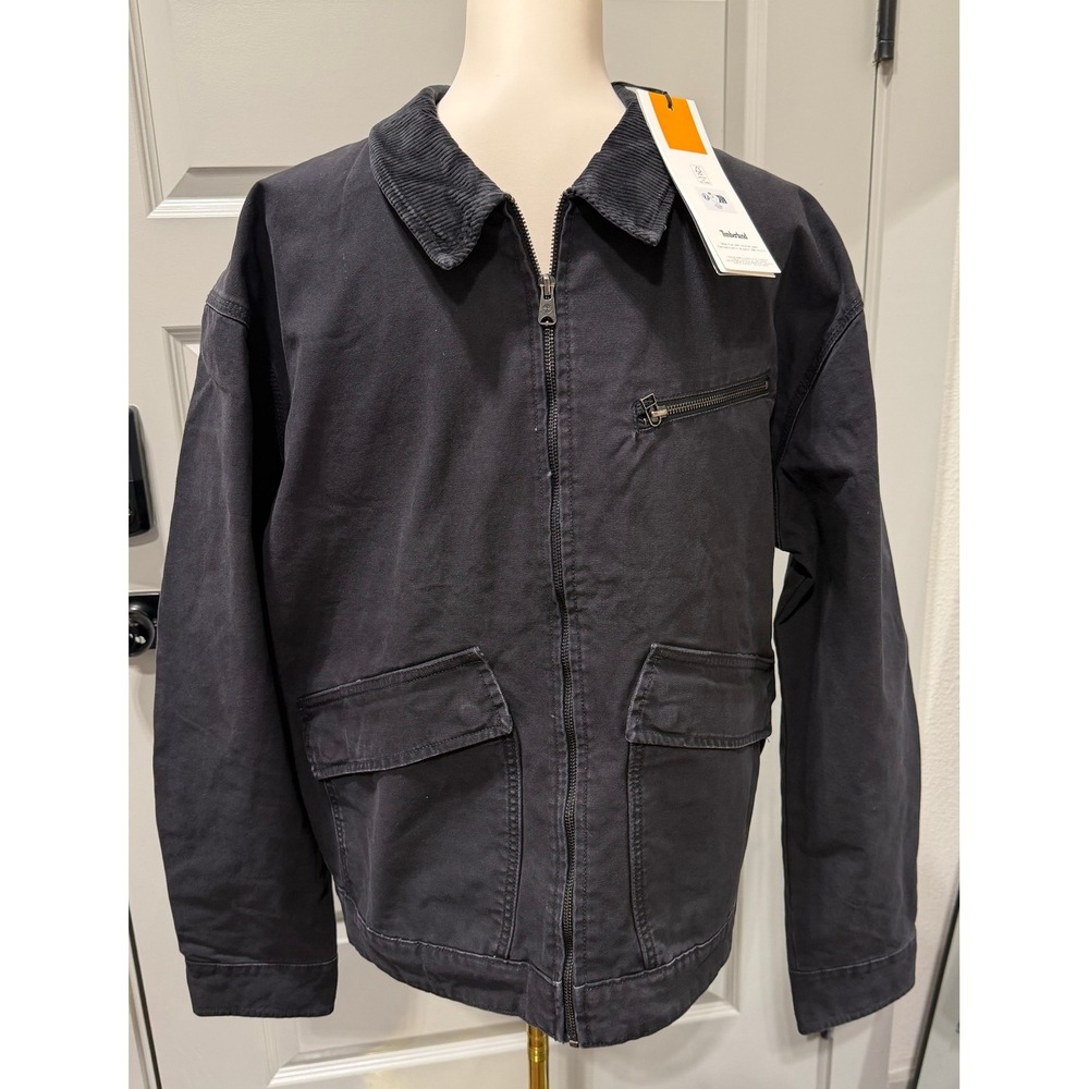 Timberland Mens Black Canvas Work Jacket Corduroy Collar Full Zip Size Large NWT